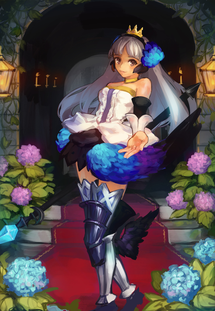 arm_outstretched armor armored_boots bangs bare_shoulders boots choker cropped_legs dress female flower greaves gwendolyn hair_flower hair_ornament indoors light_smile looking_at_viewer nonomononano odin_sphere outstretched_arm parted_bangs pteruges silver_hair skirt sleeveless sleeveless_dress smile solo spear stairs standing strapless strapless_dress thigh_boots tiara white_dress wings