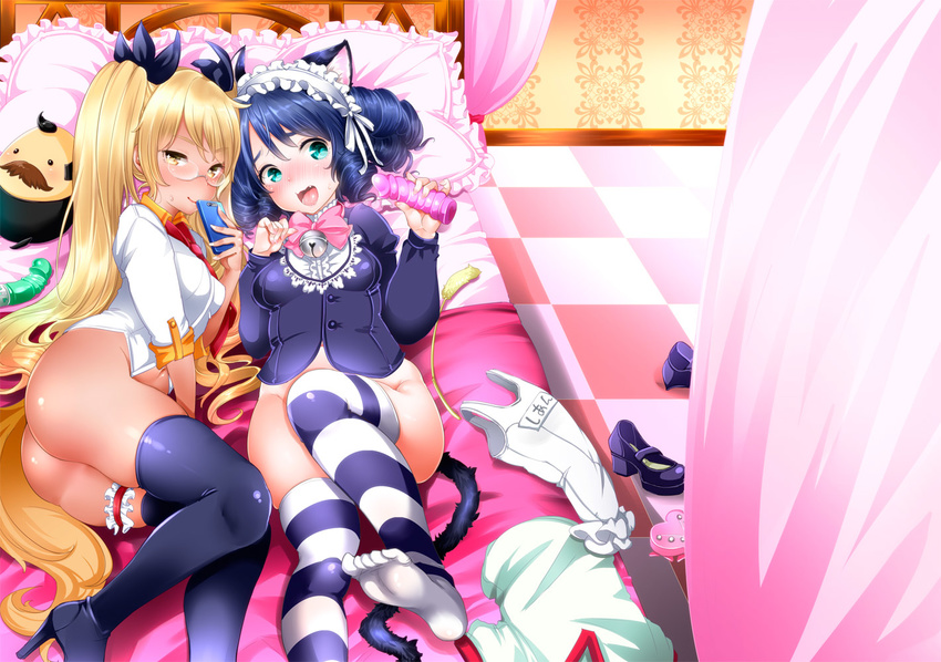 animal_ears bed bell black_legwear blonde_hair blush boots bottomless breasts canopy_bed cat_ears cat_tail cat_teaser cellphone checkered checkered_floor curly_hair cyan_(show_by_rock!!) dildo fang glasses hair_ribbon high_heel_boots high_heels jingle_bell leg_garter long_hair looking_at_viewer mojarin_(kihara_mojarin) multiple_girls navel necktie open_mouth phone pillow retoree ribbon show_by_rock!! small_breasts smile striped striped_legwear tail thigh_boots thighhighs twintails very_long_hair yellow_eyes