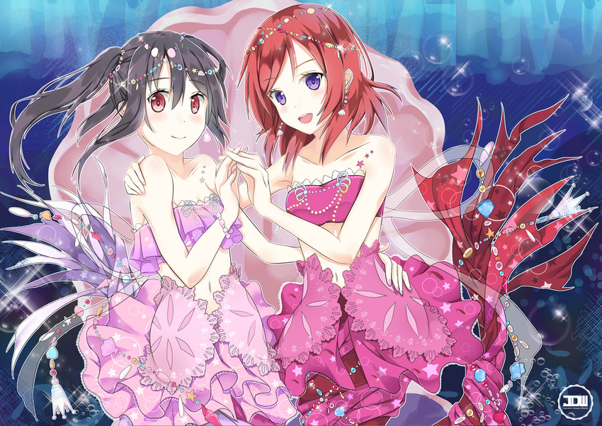 bikini black_hair clam hair_ornament highres jacob_dream_world jewelry looking_at_viewer love_live! love_live!_school_idol_project mermaid_costume multiple_girls nishikino_maki open_mouth purple_eyes red_eyes red_hair short_hair smile swimsuit twintails underwater yazawa_nico