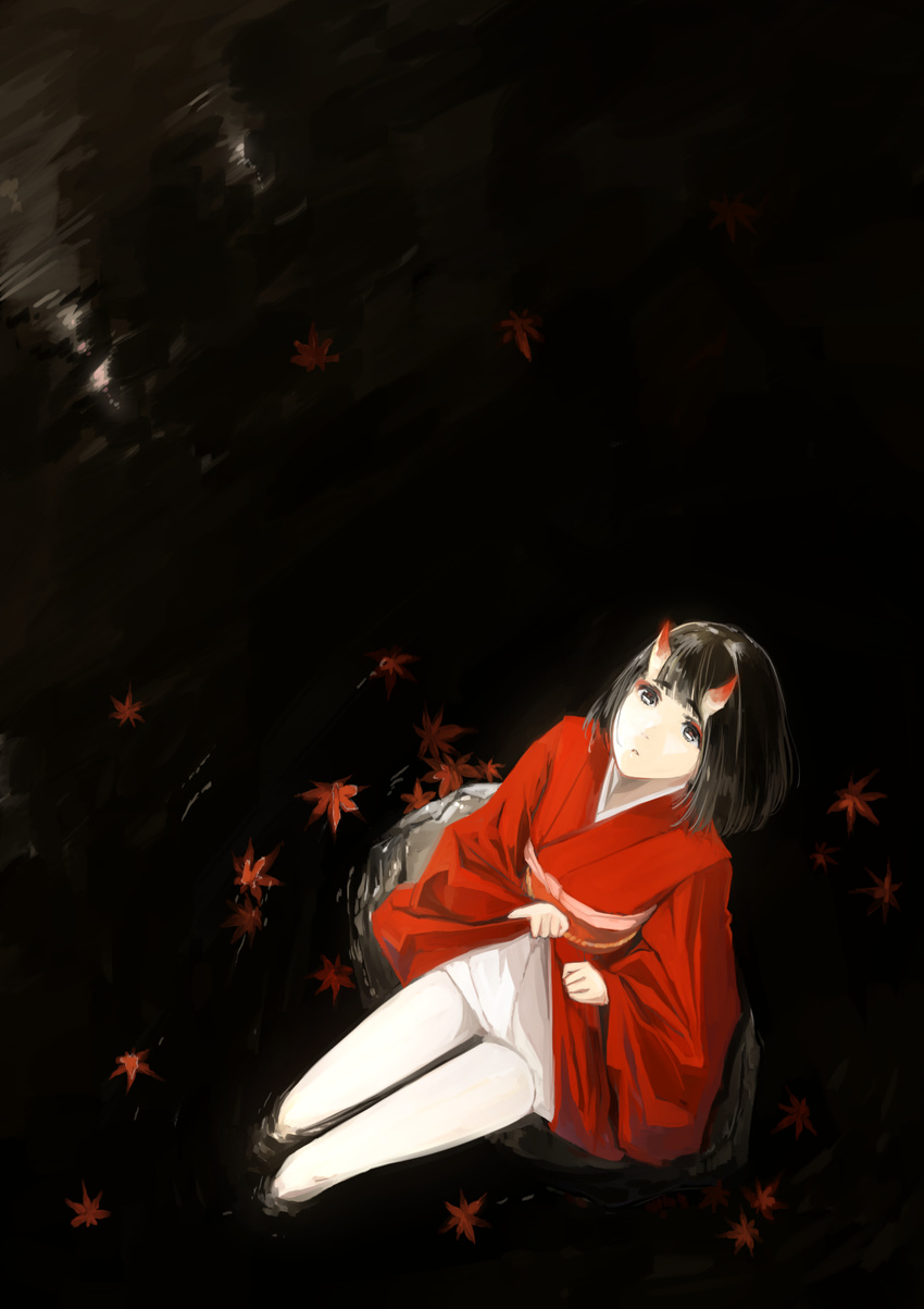 autumn_leaves black_eyes black_hair clothes_lift eyeliner from_above highres horns japanese_clothes kimono kimono_lift leaf looking_up makeup maple_leaf night oni oni_horns original pale_skin pantyhose parted_lips short_hair sitting soaking_feet solo tsukino_wagamo water white_legwear