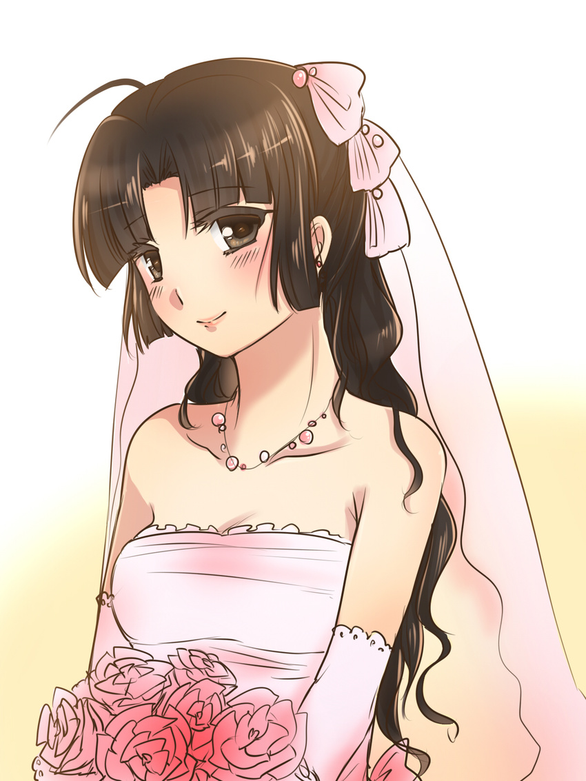 ahoge alternate_hairstyle bare_shoulders black_hair blush bouquet bridal_veil brown_eyes dress elbow_gloves flower gloves highres jewelry kantai_collection kou_(hamuumai) long_hair looking_at_viewer necklace pink_dress pink_wedding_dress shouhou_(kantai_collection) smile solo strapless strapless_dress veil wedding_dress