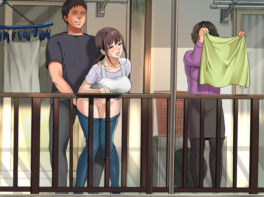 apron basket blush breasts brown_eyes brown_hair clenched_teeth clothed_sex clothes_pin clothesline denim door full_body highres holding inkey jeans large_breasts legs legs_together long_hair long_ponytail looking_at_viewer matching_hair/eyes multiple_girls no_eyes no_panties original outdoors pants pants_down pantyhose ponytail pussy_juice risou_no_oku-san_to!_shitaikoto,_zenbu sex skirt standing sweat teeth thighs vaginal wet
