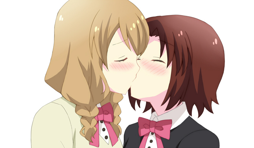 blonde_hair blush bow bowtie braid brown_hair closed_eyes karasuma_sakura kin-iro_mosaic kiss kuzehashi_akari long_hair ma_tsukasa multiple_girls red_bow red_neckwear sakura_trick school_uniform shirt short_hair simple_background twin_braids upper_body vector_trace white_background wing_collar younger yuri