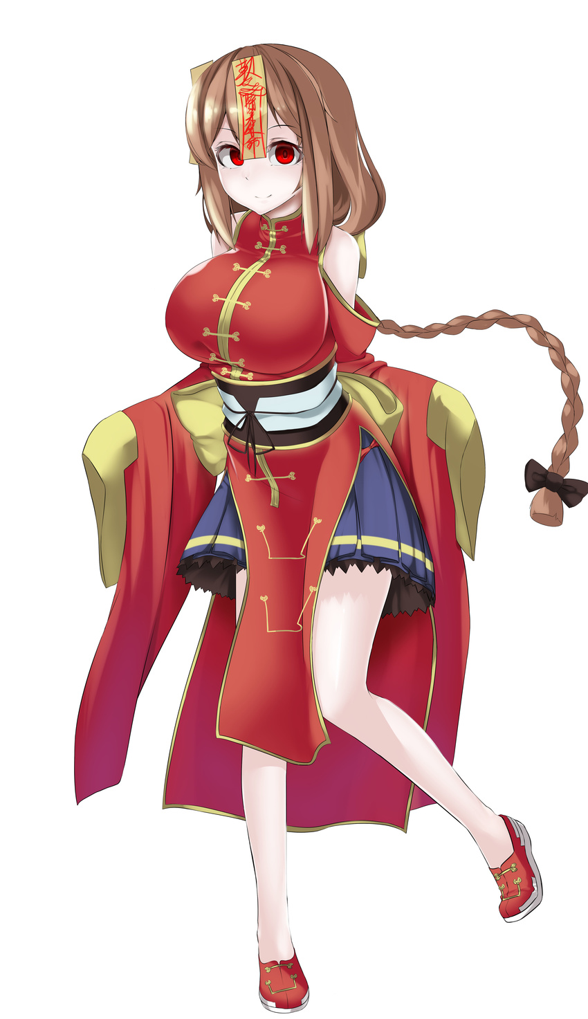 absurdres bare_shoulders black_bow bow braid breasts brown_hair china_dress chinese_clothes dress hair_bow highres jiangshi large_breasts long_hair looking_at_viewer luonawei ofuda original pale_skin red_eyes single_braid smile solo white_background