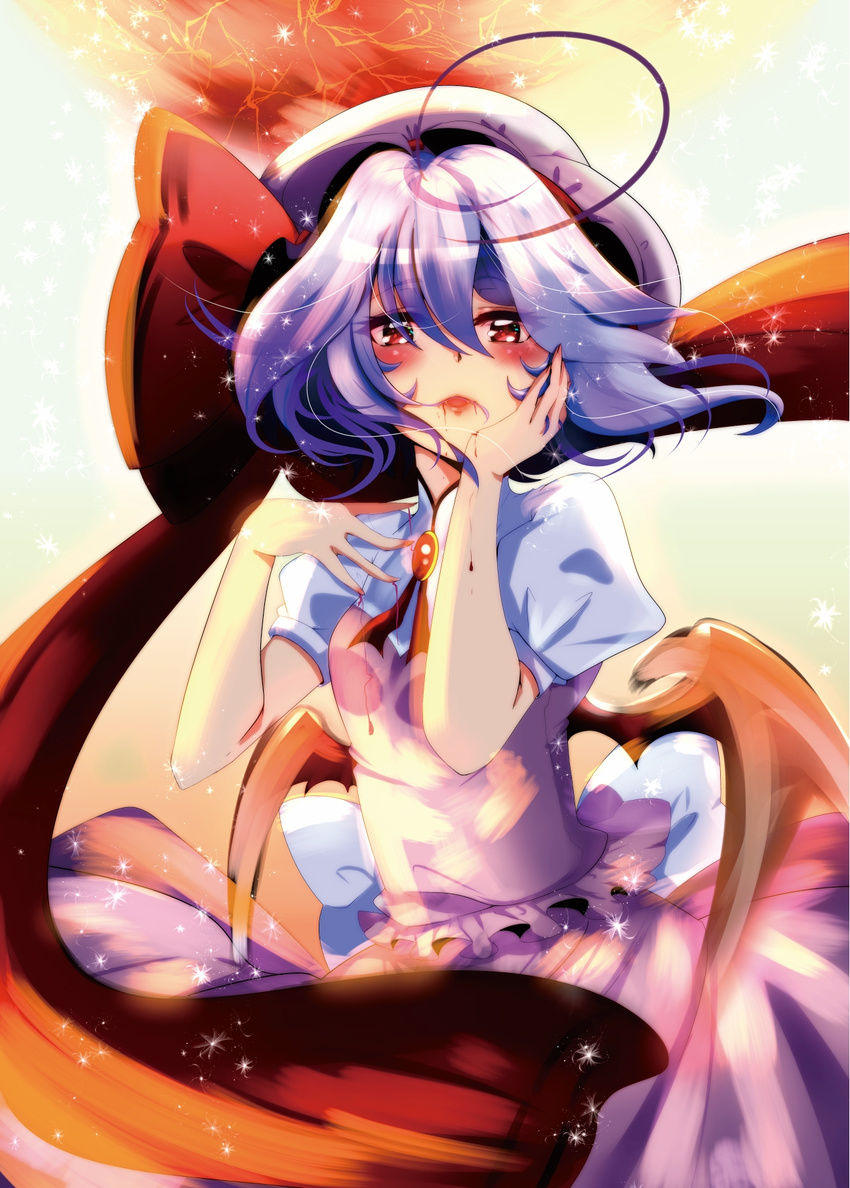 bat_wings blood blood_from_mouth blood_on_fingers blue_dress blue_shirt blush brooch dress dripping fangs hand_on_own_face hat highres jewelry low_wings mob_cap namatyoco open_mouth red_eyes remilia_scarlet ribbon shirt short_hair short_sleeves touhou wings