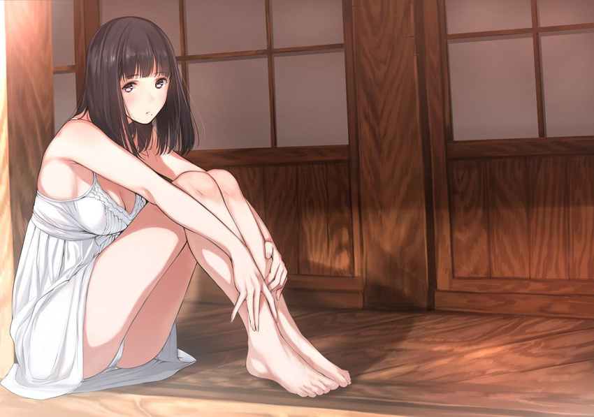 black_hair breasts brown_eyes cleavage dress knees_up looking_at_viewer medium_breasts mole mole_under_mouth original panties pantyshot pantyshot_(sitting) porch sitting solo tsukino_wagamo underwear white_dress white_panties