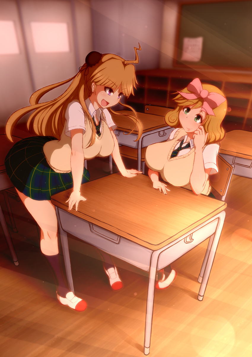 2girls ahoge blush breasts brown_hair classroom desk green_eyes hair_ribbon haruka_(senran_kagura) large_breasts leaning_forward long_hair multiple_girls open_mouth ponpo purple_eyes renka_(senran_kagura) ribbon school_uniform senran_kagura sitting skirt smile standing