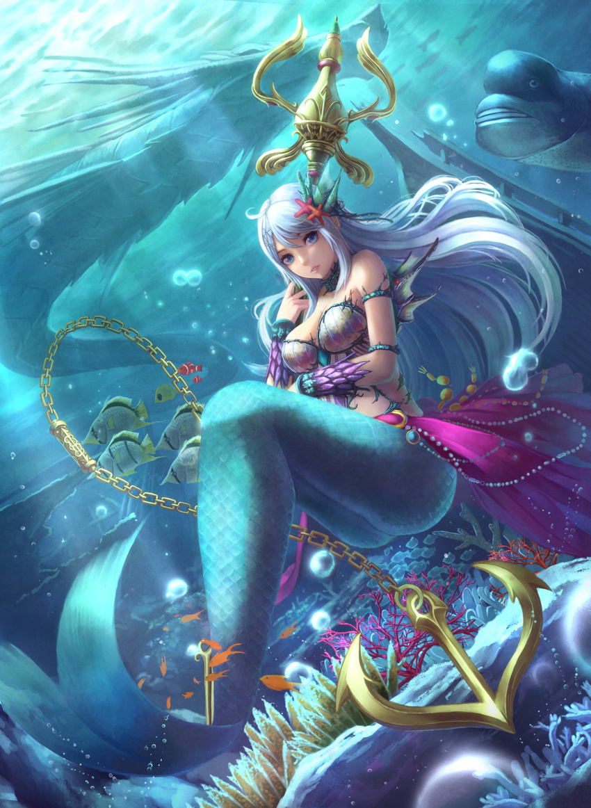 1girl ahoge animal bare_shoulders blue_eyes breasts chains female fish large_breasts long_hair looking_at_viewer mermaid original solo swimsuit underwater water white_hair yazuo yazuwo