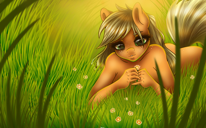 2015 absurd_res anthro anthrofied applejack_(mlp) blonde_hair breasts cleavage clothed clothing equine female flower friendship_is_magic grass green_eyes hair hi_res horse looking_at_viewer lying mammal my_little_pony nude plant pony solo wooxx