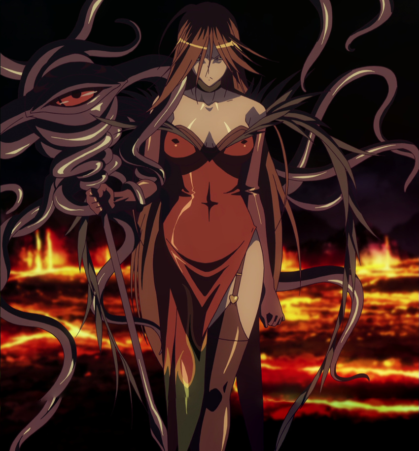 1girl angry breasts brown_hair dress female fire funikura green_eyes highres large_breasts long_hair nyx queen's_blade queen's_blade red_dress solo standing stitched thighhighs