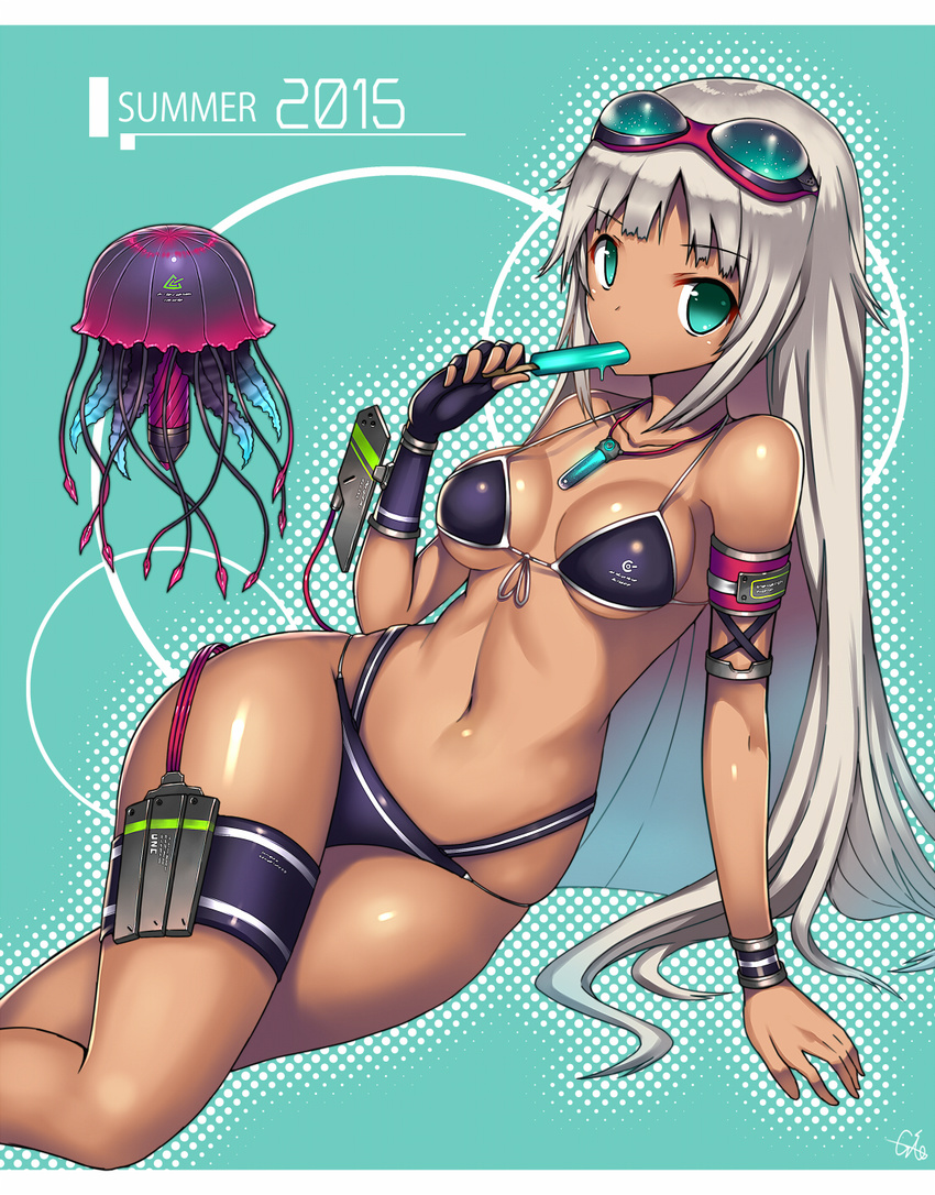 armband bikini breasts food front-tie_bikini front-tie_top gia gloves green_eyes highres jellyfish jewelry long_hair looking_at_viewer lying medium_breasts on_side original pendant popsicle robot silver_hair single_glove skindentation solo swimsuit tan underboob wide_hips