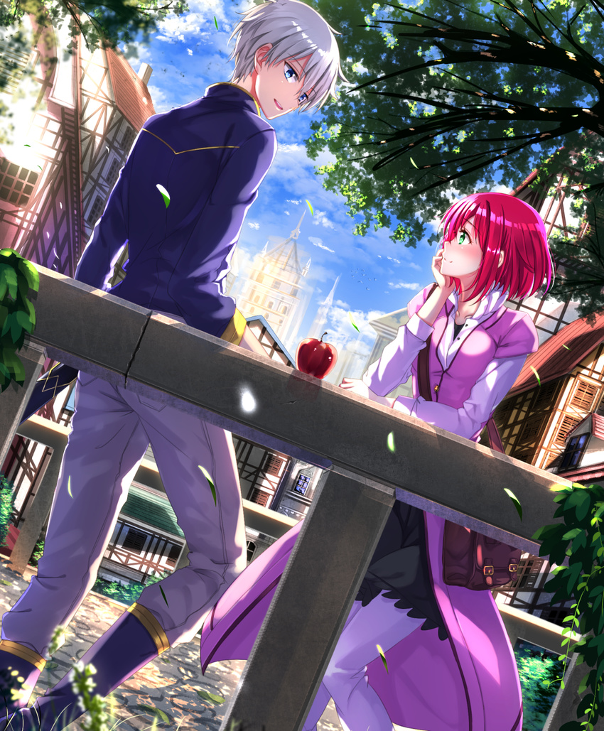 1girl akagami_no_shirayukihime apple bag bangs blue_eyes blue_jacket blue_sky blush boots building chin_rest city cobblestone collarbone day dutch_angle eye_contact fence food fruit green_eyes half-timbered highres jacket long_coat long_sleeves looking_at_another outdoors pants parted_lips purple_legwear red_hair sheath sheathed shirayuki_(akagami_no_shirayukihime) short_hair short_over_long_sleeves short_sleeves shoulder_bag silver_hair sky smile spire sword swordsouls tree weapon zen_wistalia