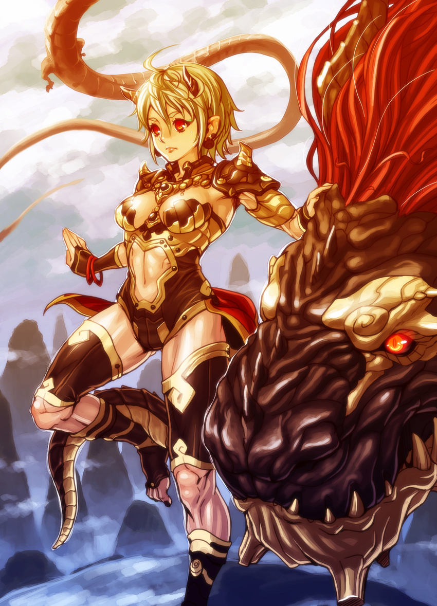 absurdres armor chou_denji_mayuge dragon dragon_girl highres horns leotard original red_eyes short_hair solo