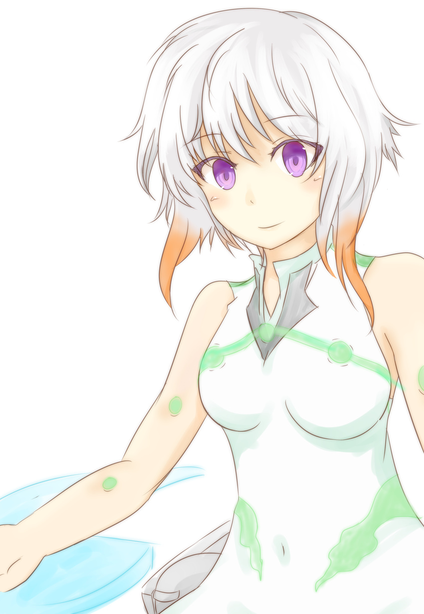 1girl aquarion_(series) aquarion_logos bare_shoulders blush breasts multicolored_hair purple_eyes short_hair simple_background smile solo tsukigane_maia white_hair