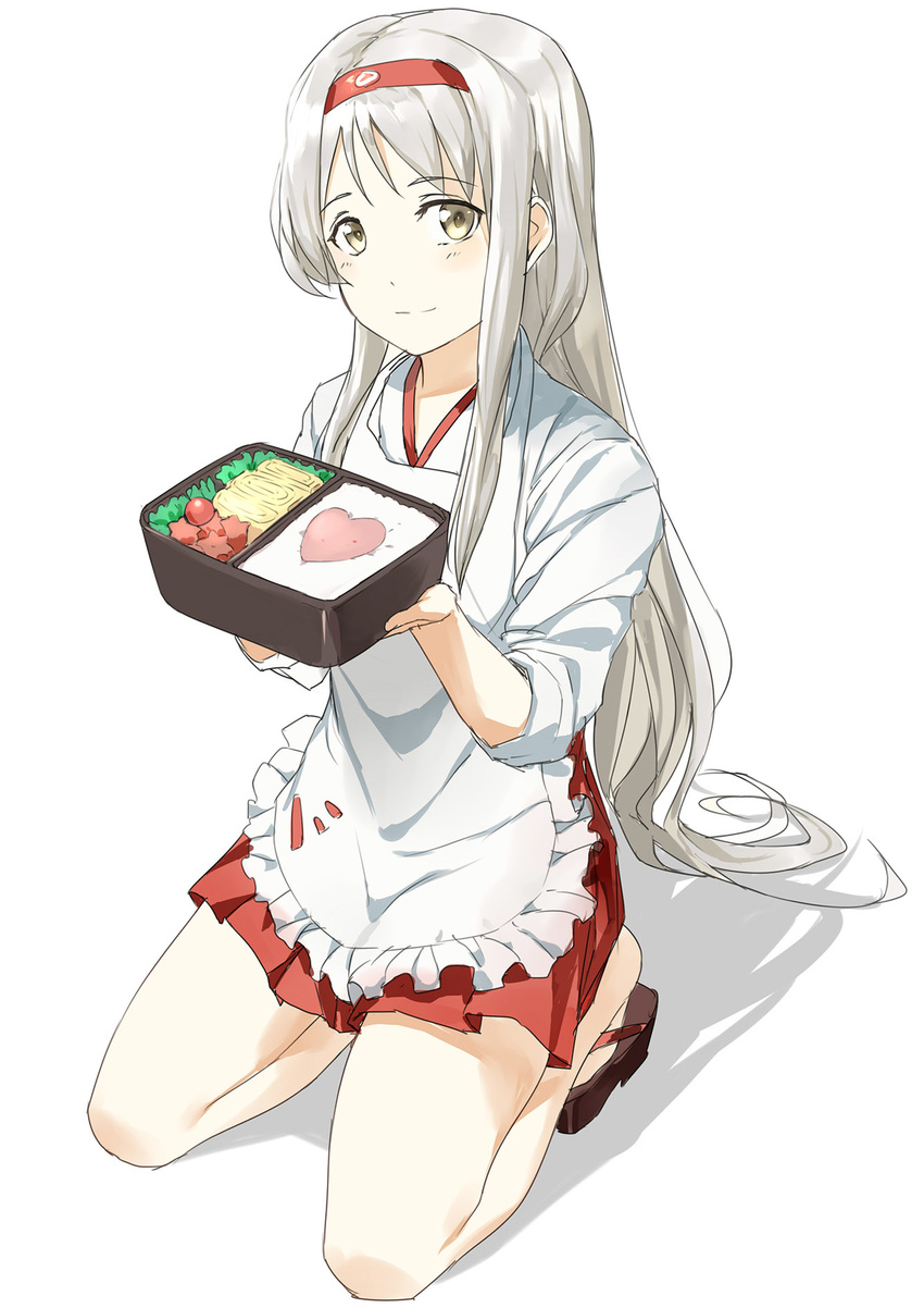 apron commentary hairband highres hunter.g japanese_clothes kantai_collection long_hair obentou omelet shoukaku_(kantai_collection) silver_hair skirt solo tamagoyaki