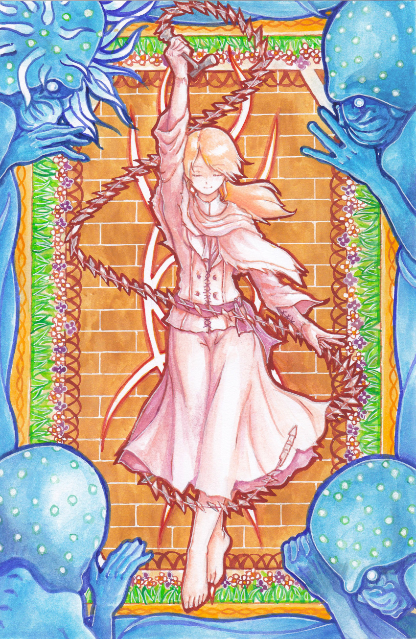 1girl absurdres arm_up art_nouveau barefoot bloodborne brick_wall brown_hair capelet cloak crossed_legs eyes_closed flower full_body gloves grass gride highres holding holding_cane holding_weapon iosefka jacket legs_crossed long_hair ponytail sigil skirt small_celestial_emissary threaded_cane traditional_media watercolor_(medium) watson_cross weapon white_gloves