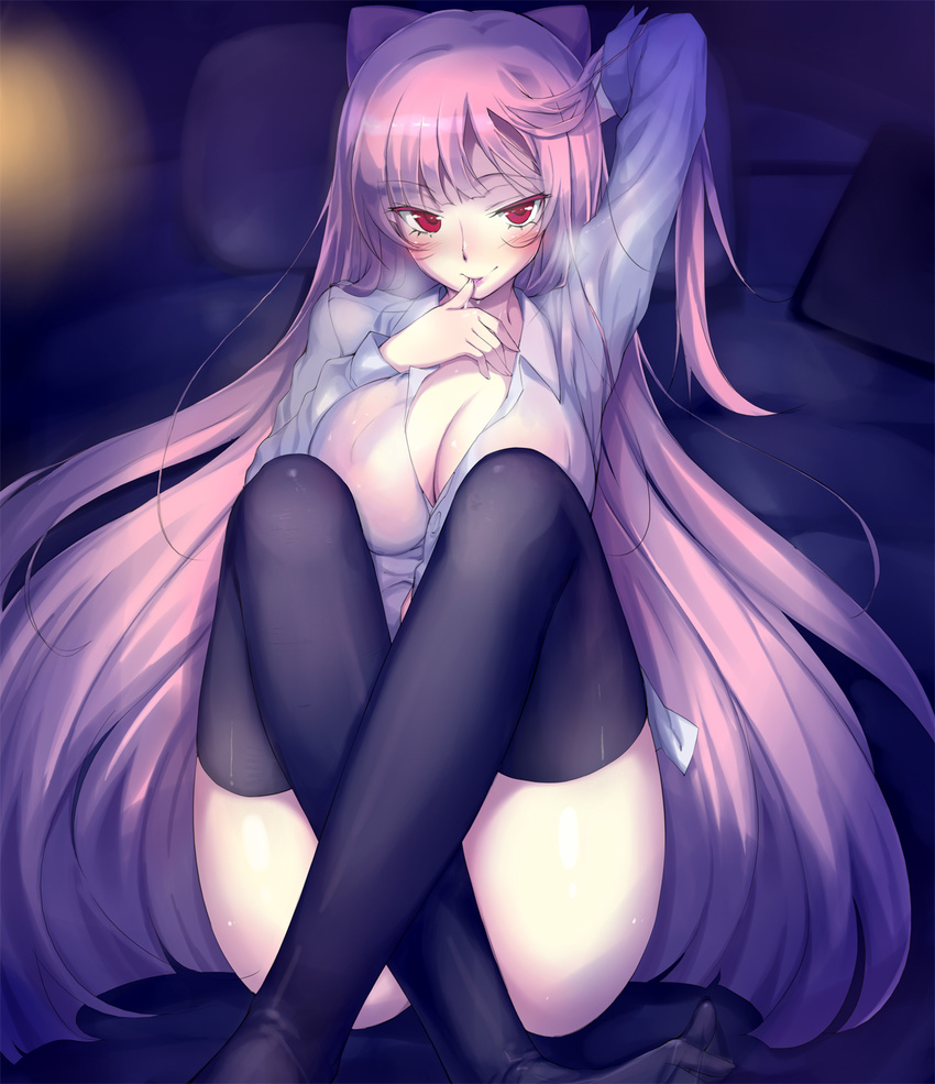 arm_behind_back biting black_legwear blurry blush bokeh breasts cleavage collared_shirt convenient_leg crossed_legs depth_of_field hair_tousle highres indoors large_breasts long_hair long_sleeves looking_at_viewer moejin on_bed original parted_lips pillow pink_hair reclining red_eyes seductive_smile see-through shirt sitting smile solo thighhighs thumb_biting tsurime very_long_hair white_shirt