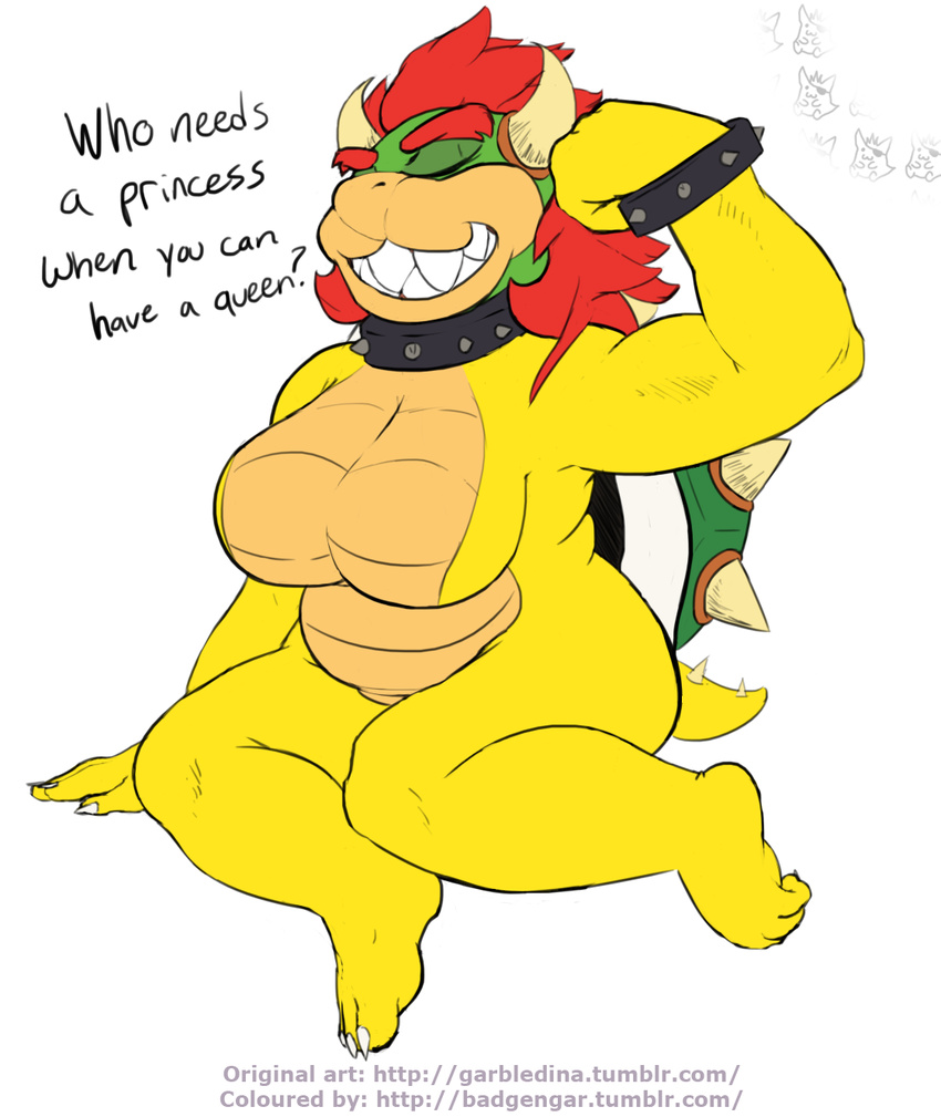 2015 anthro badgengar big_breasts bowser breasts crossgender english_text female garbledina horn koopa mario_bros nintendo scalie text video_games