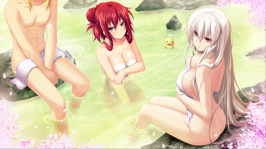 1boy 2girls ass bare_shoulders black_eyes blush breasts butt_crack cleavage eushully game_cg hair_up highres kami_no_rhapsody kneeling large_breasts lavirie_interude legs long_hair looking_at_viewer mistoria mitsuki mixed_bathing multiple_girls nude onsen outdoors partially_submerged pink_eyes red_hair rock sakura sitting smile thighs towel water wet white_hair yukari