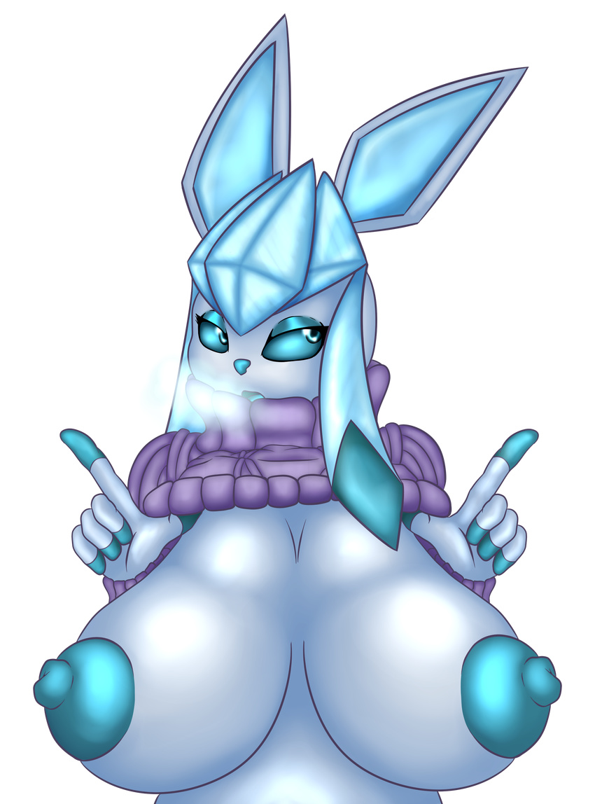 anthro big_breasts black_sclera blue_eyes blue_fur blush breasts clothing eeveelution female frozen_yoghurt fur glaceon hair long_hair nintendo nipples pok&eacute;mon pok&eacute;morph quin-nsfw solo video_games