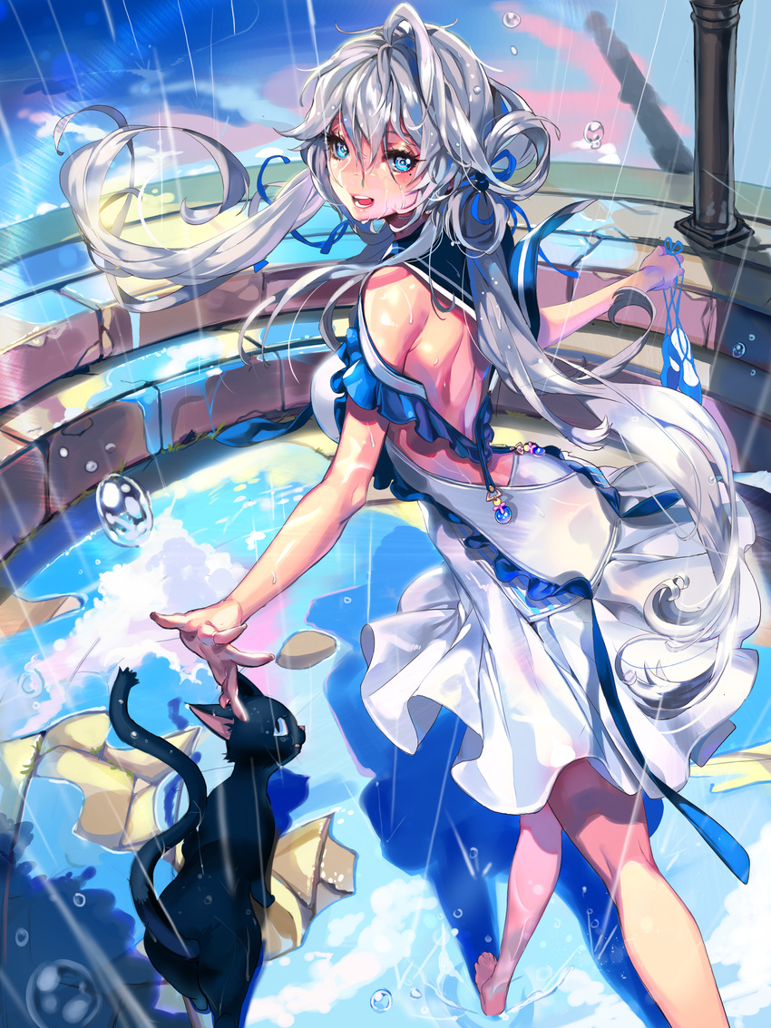 :d absurdres animal back_cutout barefoot blue_eyes cat dress furyou_michi_~gang_road~ hair_ribbon highres imp_(sksalfl132) long_hair looking_at_viewer mole mole_under_eye open_mouth rain ribbon sailor_dress shoes_removed silver_hair smile teeth twintails white_dress