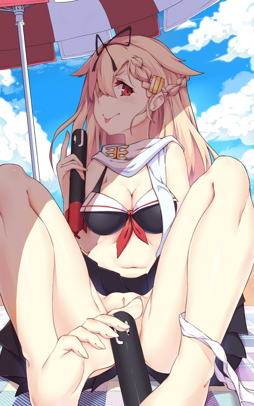 :p absurdres bad_revision barefoot breasts cleavage cloud commentary_request day feet hair_flaps hair_ornament hair_ribbon hairclip highres implied_footjob kantai_collection litsvn long_hair looking_at_viewer md5_mismatch medium_breasts panties panties_around_one_leg parasol pussy red_eyes remodel_(kantai_collection) ribbon scarf sexually_suggestive skirt sky solo tongue tongue_out torpedo umbrella uncensored underwear white_panties yuudachi_(kantai_collection)