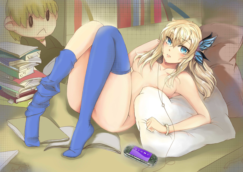 bad_id bad_pixiv_id blonde_hair blue_eyes boku_wa_tomodachi_ga_sukunai book_stack bracelet butterfly_hair_ornament earphones hair_censor hair_ornament hair_over_breasts handheld_game_console highres jewelry kashiwazaki_sena liangchanxingmingrixiang lying nude on_back pillow playstation_portable saliva solo thighhighs