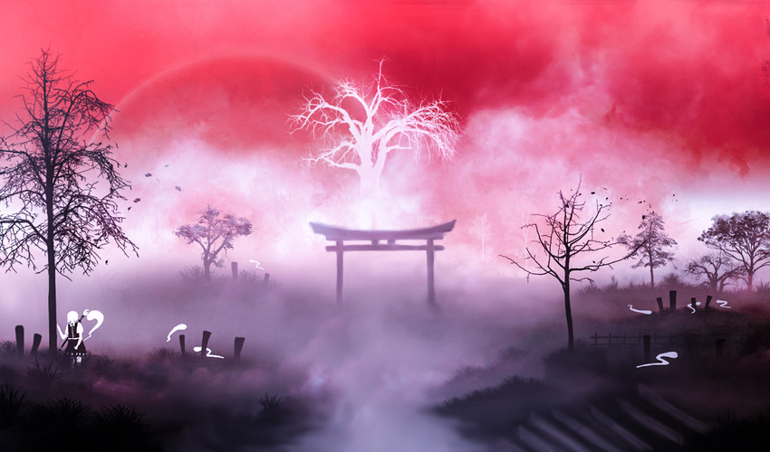 akyuun bare_tree fog full_moon grass grave hakugyokurou highres hitodama konpaku_youmu konpaku_youmu_(ghost) leaf looking_at_viewer moon red_moon red_sky saigyou_ayakashi scenery short_hair short_sleeves skirt sky solo stairs standing tombstone torii touhou tree vest wind