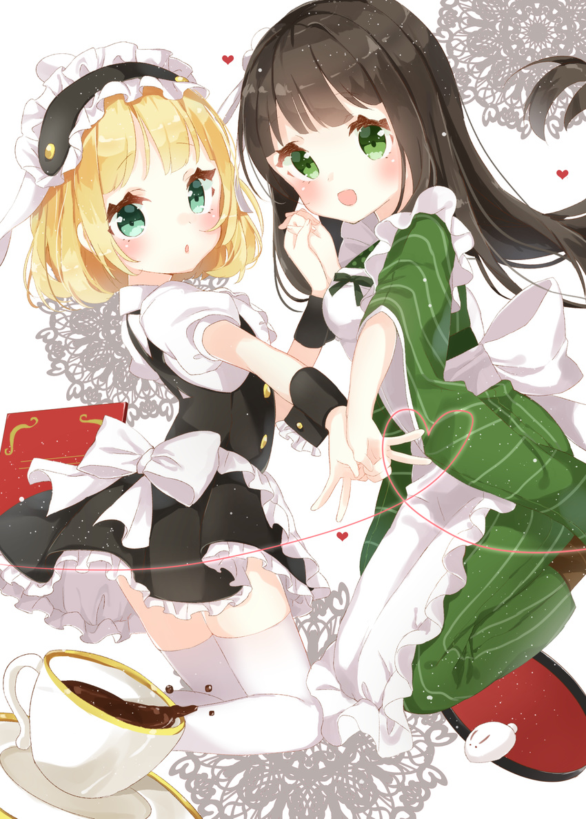 ama_usa_an_uniform apron black_hair blonde_hair blush brown_hair coffee cup fleur_de_lapin_uniform gochuumon_wa_usagi_desu_ka? green_eyes highres holding_hands jimmy kirima_sharo long_hair looking_at_viewer multiple_girls symmetrical_hand_pose thighhighs ujimatsu_chiya wa_maid waitress