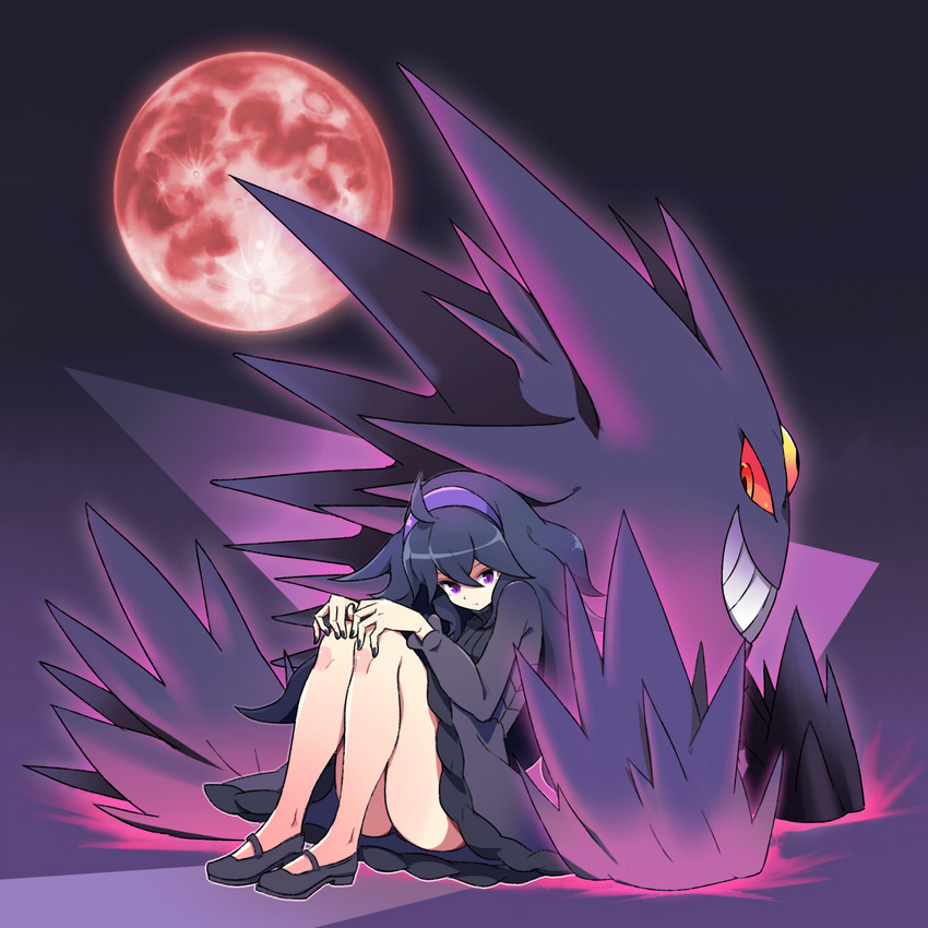 ahoge blue_hair dress full_moon gen_1_pokemon gengar grin hairband hex_maniac_(pokemon) highres leg_hug mary_janes mega_gengar mega_pokemon moon nail_polish pokemon pokemon_(creature) pokemon_(game) pokemon_xy purple_eyes purple_hairband red_eyes red_moon shiny shiny_hair shoes sitting size_difference smile third_eye tm_(hanamakisan) yellow_eyes