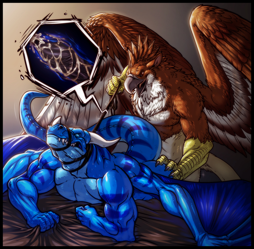 2013 abs anal anal_penetration angry_sex anthro anus avian beak bed bent_over biceps big_muscles blue_body blue_scales blue_skin brown_body brown_eyes brown_feathers butt butt_grab chest_tuft claws clenched_teeth close-up cum cum_in_ass cum_inside dragon duo erection eyes_closed fangs feathers from_behind fur gryphon hand_on_butt horn internal interspecies leash leash_pull looking_back lying male male/male markings muscles neodokuro nude on_front open_mouth orgasm pecs penetration penis reptile scales scalie sex standing stripes tabra talons teeth toned tongue tuft western_dragon white_body wings