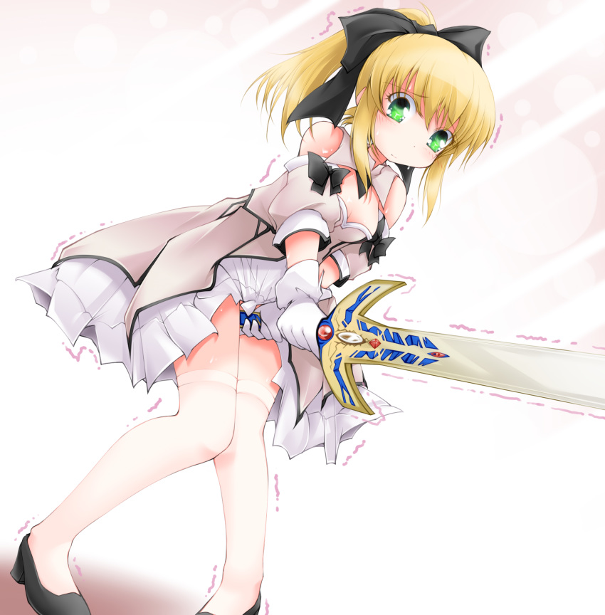 anbee_(arary) artoria_pendragon_(all) bangs bare_shoulders between_legs black_bow black_footwear black_ribbon blonde_hair blush bow breasts cleavage closed_mouth crystal detached_collar dress dutch_angle embarrassed eyebrows_visible_through_hair fate/stay_night fate/unlimited_codes fate_(series) female frilled_dress frills gem gloves green_eyes hair_ribbon have_to_pee highres holding holding_sword holding_weapon knees_together_feet_apart light_blush looking_down pigeon-toed ponytail ribbon saber_lily shiny shiny_skin shoes small_breasts solo standing sweat sword thighhighs tied_hair trembling weapon white_dress white_gloves white_legwear