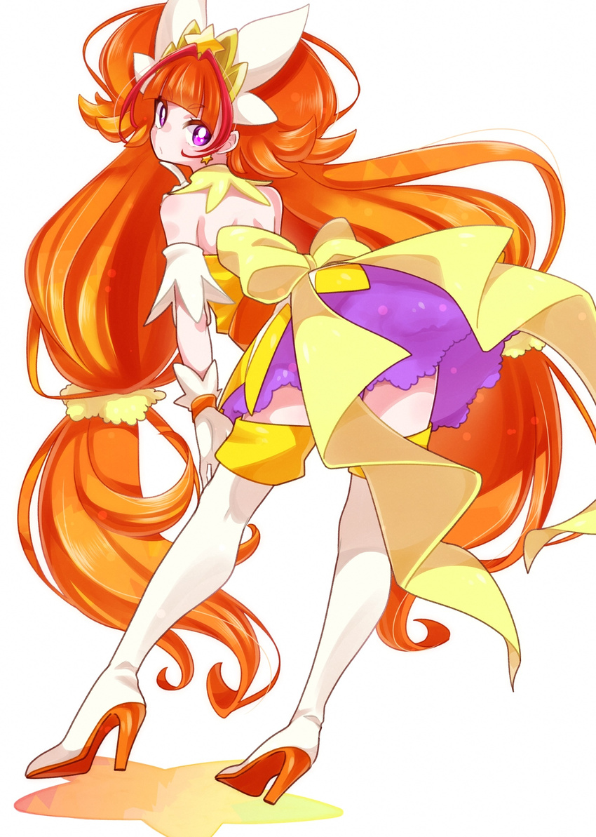 absurdres amanogawa_kirara boots bow brown_hair cure_twinkle earrings full_body gloves go!_princess_precure highres jewelry leaning_forward long_hair looking_back low-tied_long_hair magical_girl md5_mismatch multicolored_hair precure purple_eyes purple_skirt quad_tails red_hair skirt solo standing star star_earrings streaked_hair thigh_boots thighhighs twintails two-tone_hair very_long_hair white_background white_footwear white_gloves white_legwear yellow_bow yupiteru