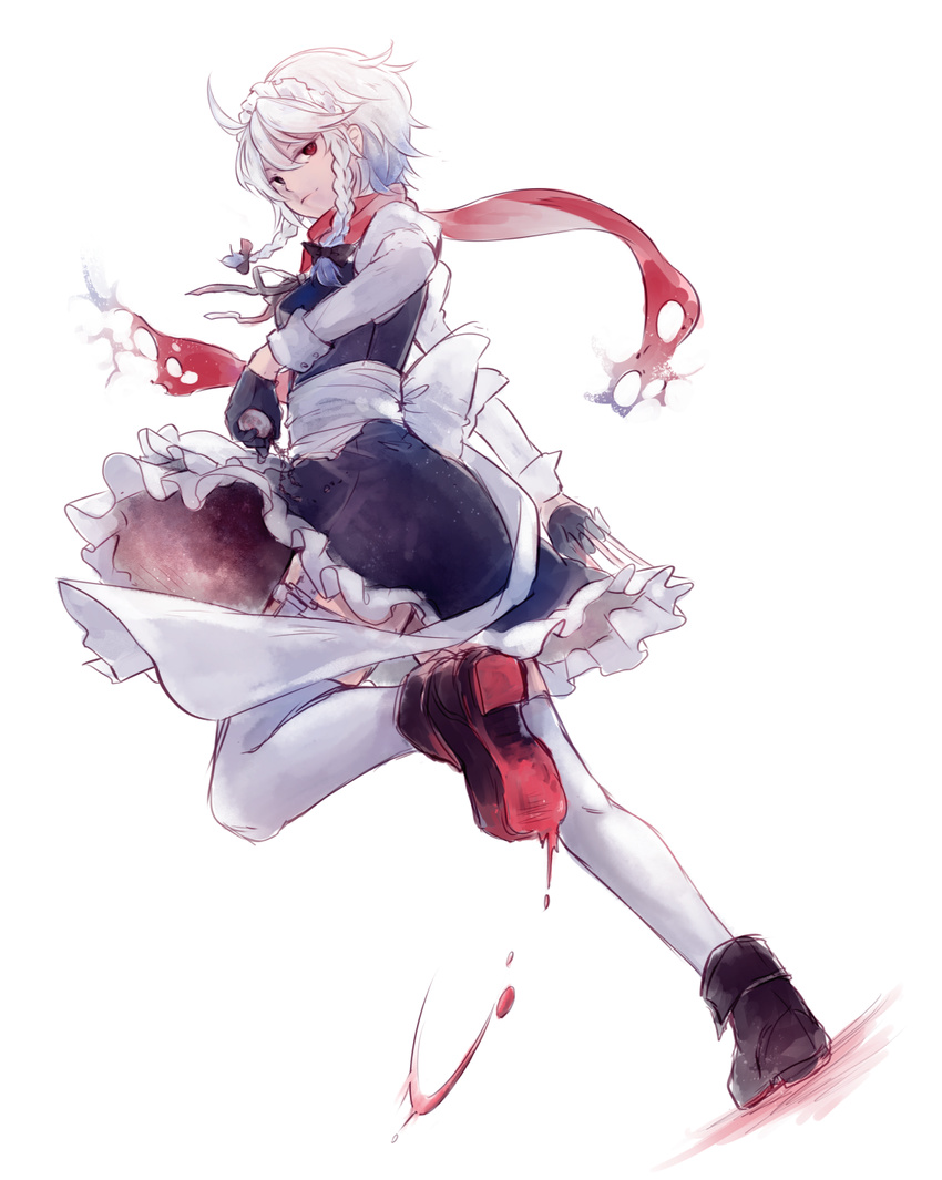 black_gloves blood bow braid dress dutch_angle full_body gensou_aporo gloves hair_bow hair_ornament highres izayoi_sakuya knife leg_up long_sleeves looking_at_viewer looking_back maid_headdress perfect_cherry_blossom pocket_watch puffy_sleeves red_eyes ribbon sash scarf short_hair silver_hair simple_background smile solo thighhighs torn_scarf touhou twin_braids upskirt watch white_background white_legwear zettai_ryouiki
