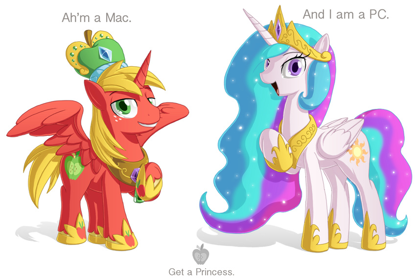 2015 big_macintosh_(mlp) blonde_hair crown cutie_mark english_text engrishman equine female friendship_is_magic gold_(metal) green_eyes hair horn looking_at_viewer male mammal multicolored_hair my_little_pony necklace princess_celestia_(mlp) sparkles text winged_unicorn wings