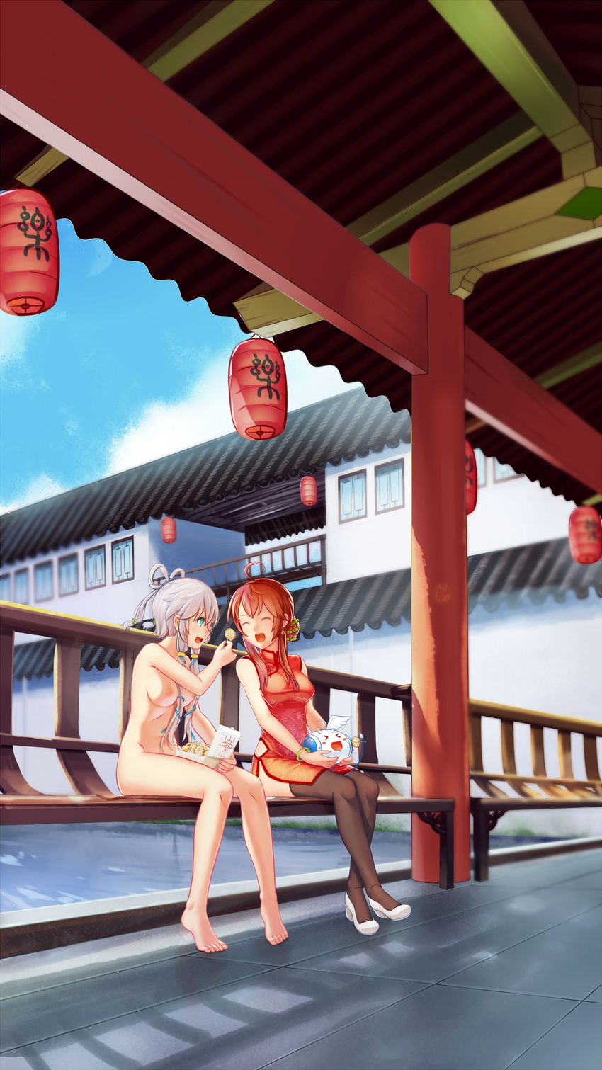 absurdres aqua_eyes bad_id bad_pixiv_id barefoot breasts chinese_clothes closed_eyes clothed_female_nude_female creature dongqing_zaozigao eating highres legs long_hair luo_tianyi medium_breasts multiple_girls navel nipples nude open_mouth red_hair shoes short_hair_with_long_locks silver_hair sitting smile thighhighs vocaloid vocanese yuezheng_ling