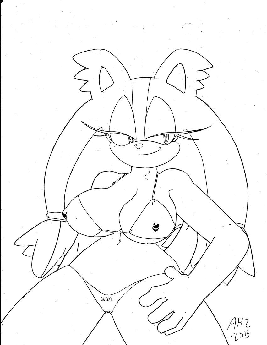 2015 anthro badger big_breasts bikini black_and_white breasts clothed clothing dreamcastzx erect_nipples female hedgehog mammal monochrome mustelid nipples skimpy solo sonic_(series) sticks_the_jungle_badger swimsuit