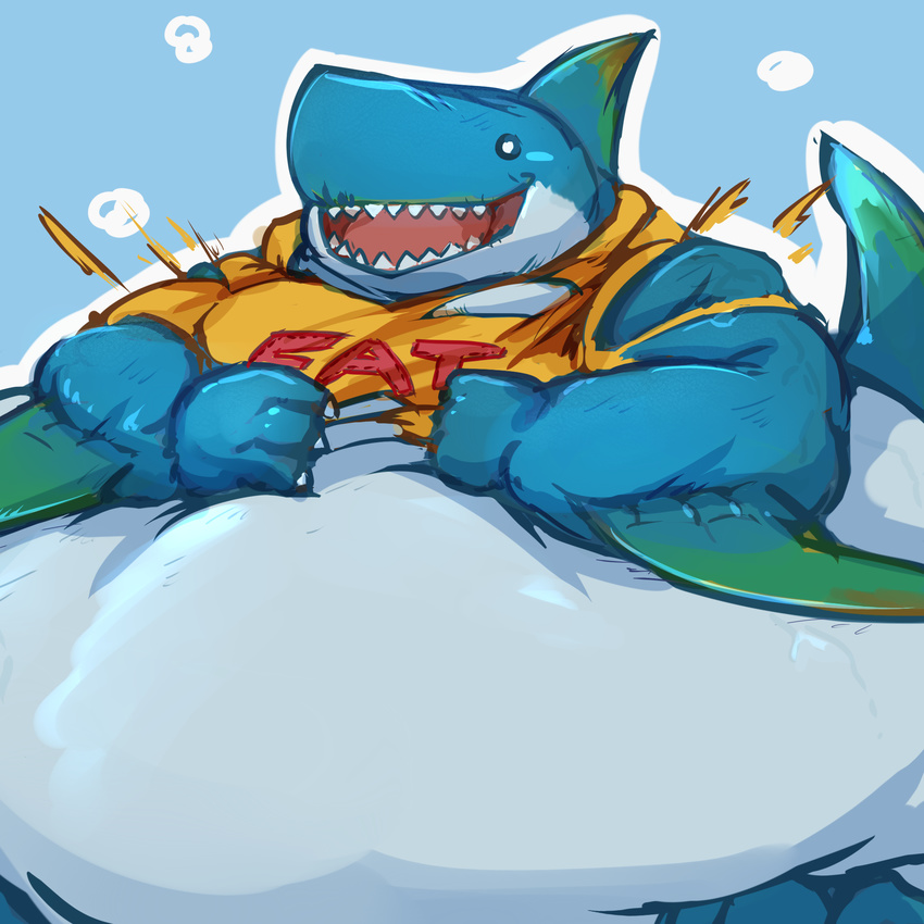 beady_eyes claws clothing fish male marine obese open_mouth overweight shark sharp_teeth smile solo teeth torn_clothing waddledox
