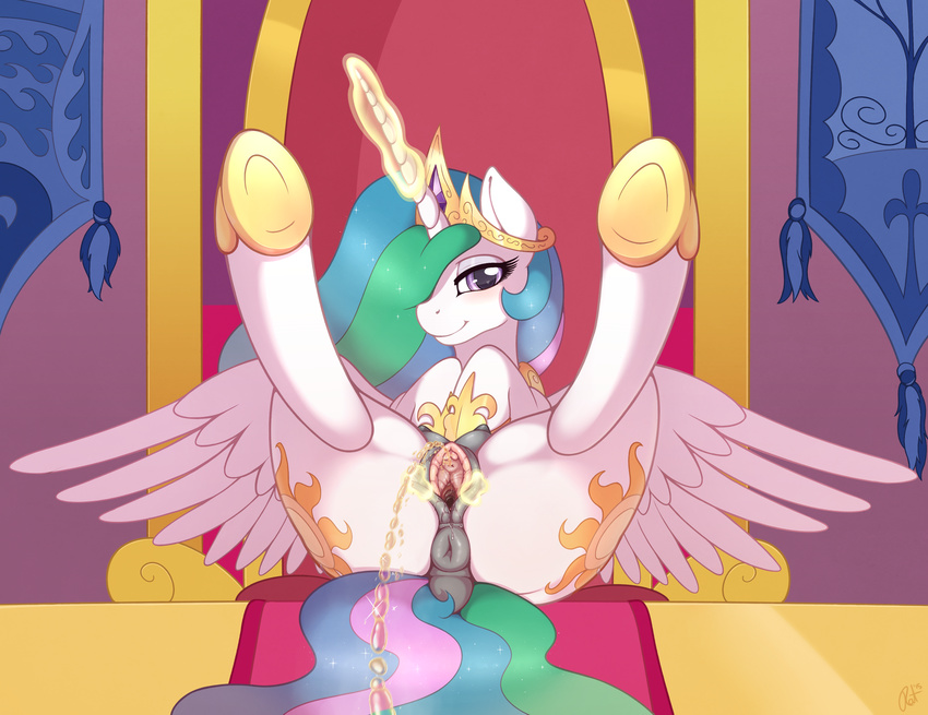 2015 absurd_res anus blush butt cutie_mark dock equine female feral friendship_is_magic glowing hair hi_res horn legs_up long_hair looking_at_viewer magic mammal multicolored_hair my_little_pony peeing presenting princess_celestia_(mlp) pussy ratofdrawn smile solo spread_legs spread_pussy spreading teats urine watersports winged_unicorn wings