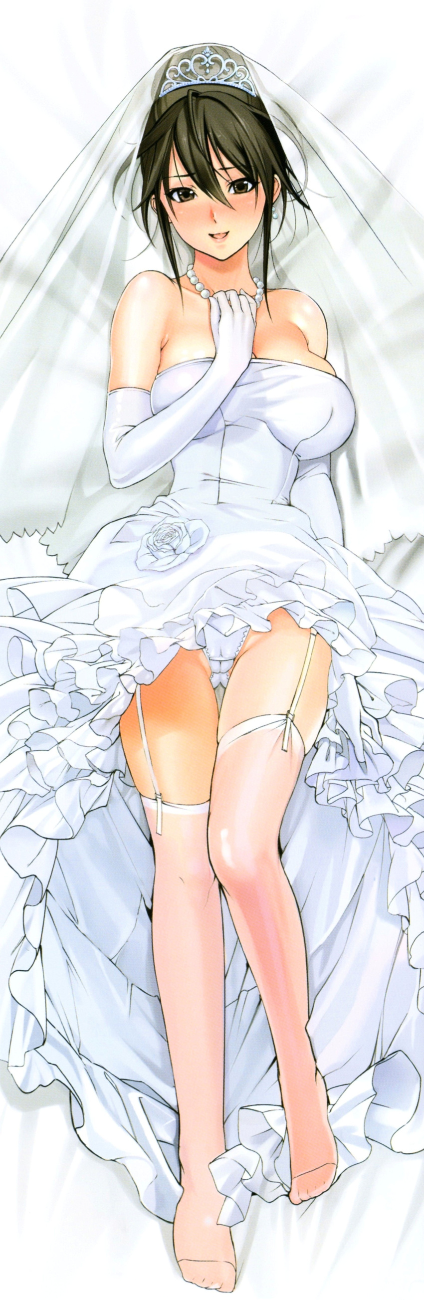 absurdres blush bridal_veil bride brown_eyes brown_hair dakimakura dress dress_lift elbow_gloves full_body garter_straps gloves happy highres inkey jewelry looking_at_viewer lying no_shoes on_back original panties parted_lips scan see-through solo thighhighs tiara underwear veil wedding_dress white_background white_legwear white_panties