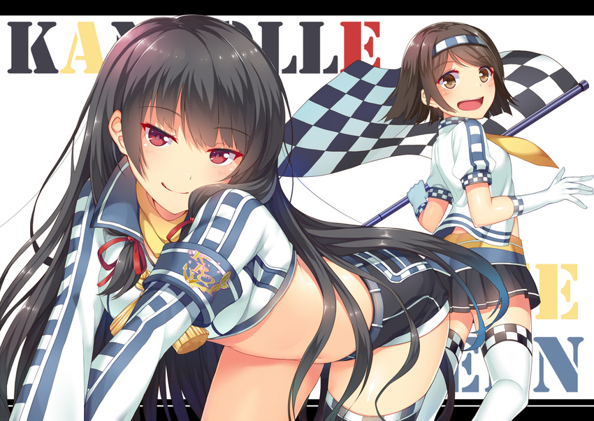 :d :q bangs black_hair brown_eyes brown_hair checkered checkered_flag flag gloves hairband horosuke_(toot08) isokaze_(kantai_collection) kantai_collection licking_lips long_hair multiple_girls naughty_face open_mouth race_queen red_eyes short_hair simple_background skirt smile tanikaze_(kantai_collection) thighhighs tongue tongue_out white_background