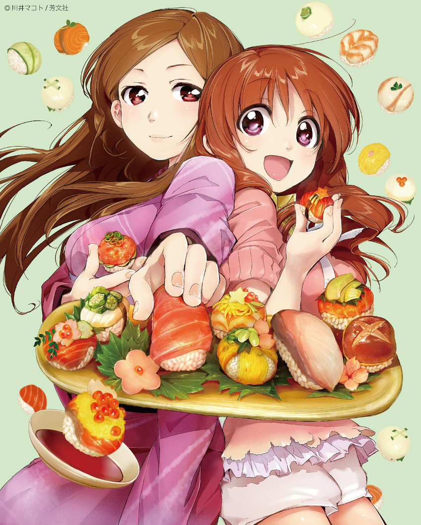 :d artist_name back-to-back bangs blush bowl brown_hair cowboy_shot eating eyebrows_visible_through_hair floating_hair food food_request green_background highres holding holding_food ikura_(food) japanese_clothes jpeg_artifacts kawai_makoto kimono koufuku_graffiti leaf long_hair long_sleeves looking_at_viewer machiko_ryou multiple_girls nigirizushi official_art open_mouth parted_bangs plate purple_eyes red_eyes rice roe short_sleeves shorts sleeves_pushed_up smile soy_sauce sushi sweater tareme tsuyuko_(koufuku_graffiti) watermark