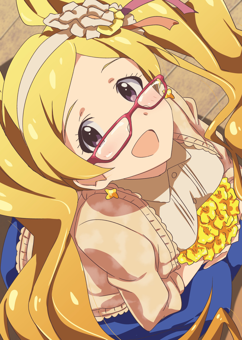 :d bespectacled blonde_hair emily_stewart flower glasses hairband highres idolmaster idolmaster_million_live! long_hair looking_at_viewer official_style open_mouth pokowachikusu purple_eyes smile twintails