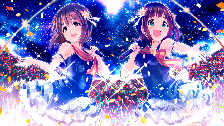 :d amami_haruka brown_eyes brown_hair crying forever_star_(idolmaster) glowstick green_eyes hagiwara_yukiho hair_ornament idol idolmaster idolmaster_(classic) ima_(lm_ew) long_hair microphone multiple_girls open_mouth outstretched_arm short_hair smile star star_hair_ornament