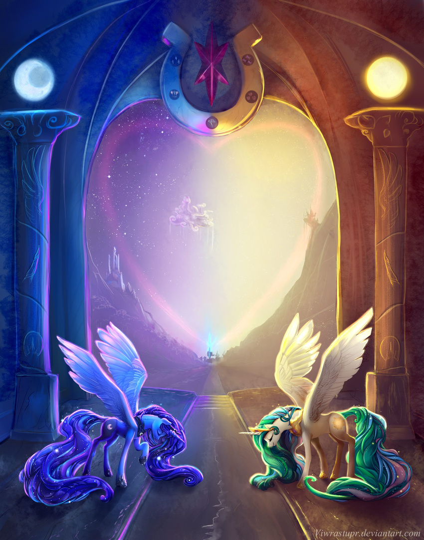 canterlot cloudsdale crystal_empire duo equine female friendship_is_magic horn juxtaposition mammal my_little_pony ponyville princess_celestia_(mlp) princess_luna_(mlp) sparkles viwrastupr winged_unicorn wings