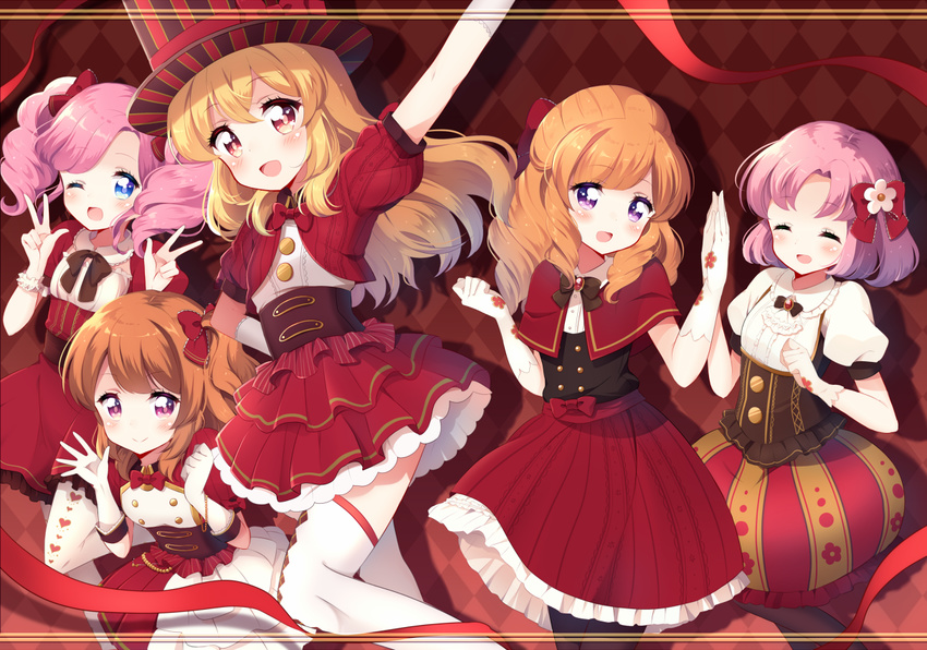 :d ;d ^_^ ^o^ aikatsu! aikatsu!_(series) amahane_madoka bad_id bad_pixiv_id banned_artist blonde_hair blush bow brown_hair closed_eyes double_v dress drill_hair elbow_gloves flower gloves hair_bow hair_flower hair_ornament hair_ribbon hairband hat himesato_maria hoshimiya_ichigo kitaouji_sakura kobeni_hijiko long_hair looking_at_viewer multiple_girls one_eye_closed oozora_akari open_mouth pantyhose pink_hair purple_eyes red_eyes ribbon short_hair side_ponytail skirt smile thighhighs top_hat v waving