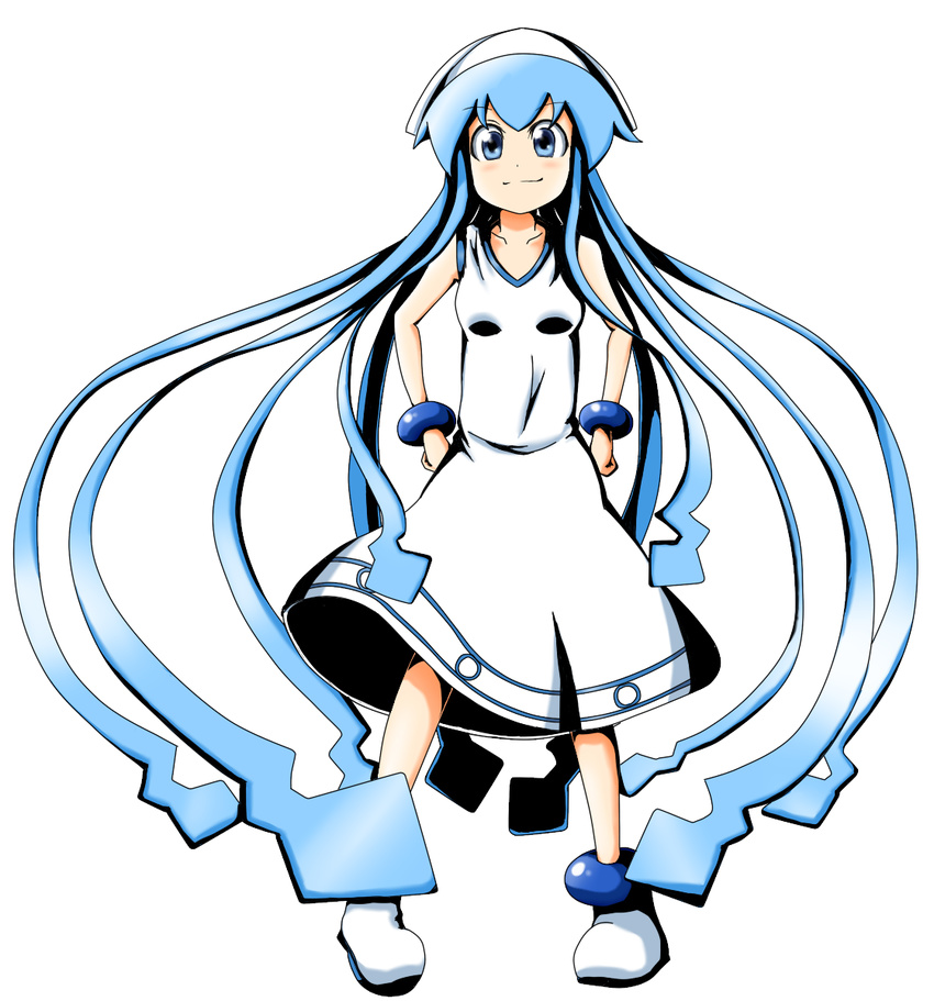 absurdly_long_hair ankle_boots bare_arms blue_eyes blue_hair blush boots bracelet breasts collarbone commentary_request dress full_body hands_on_hips hat highres ikamusume jewelry k.u.n.e. long_hair looking_at_viewer shinryaku!_ikamusume small_breasts smile solo squid_hat sundress tentacle_hair very_long_hair