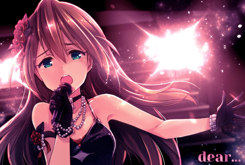 :d aqua_eyes baba_konomi black_gloves brown_hair choker dress flower gloves hair_down hair_flower hair_ornament idolmaster idolmaster_million_live! ima_(lm_ew) jewelry microphone music necklace open_mouth pearl_necklace singing smile