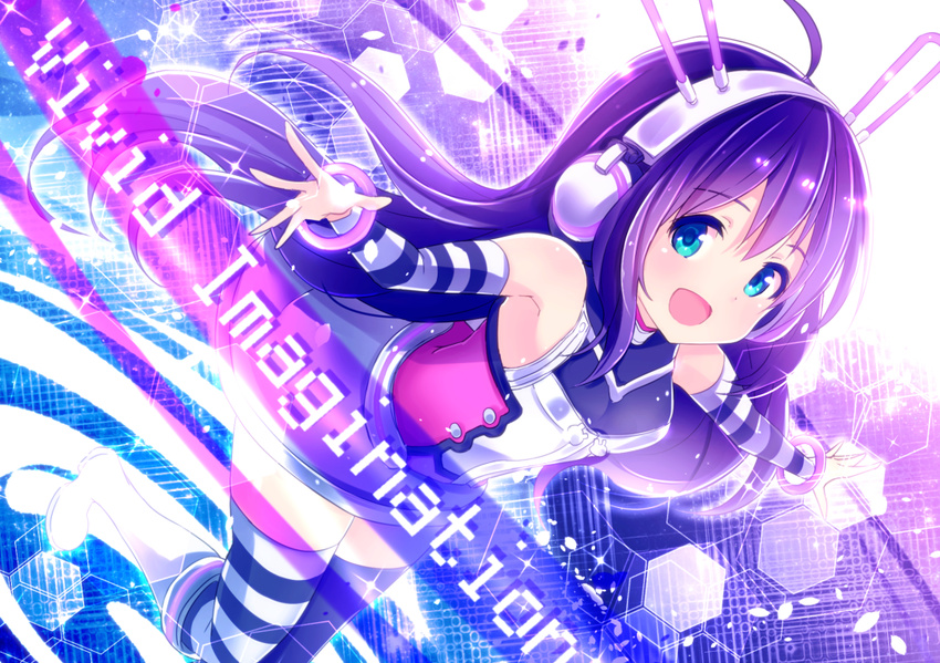 :d ahoge aqua_eyes headphones idolmaster idolmaster_million_live! ima_(lm_ew) long_hair looking_at_viewer mochizuki_anna open_mouth purple_hair smile solo thighhighs