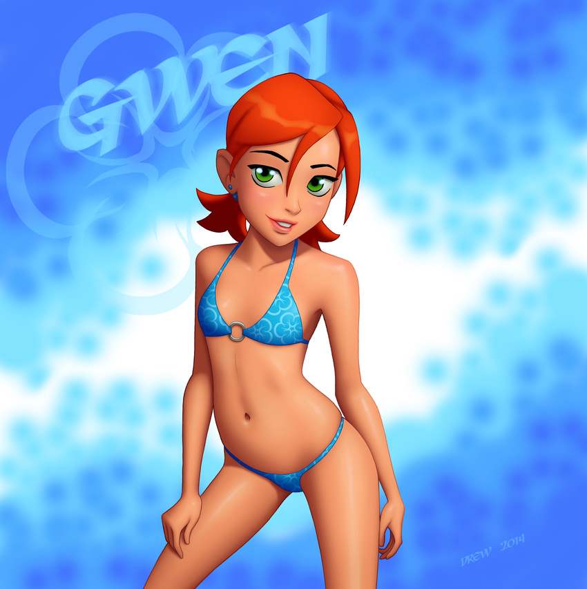 1girl ben_10 bikini drew_gardner green_eyes gwen_tennyson lips orange_hair parted_lips twintails